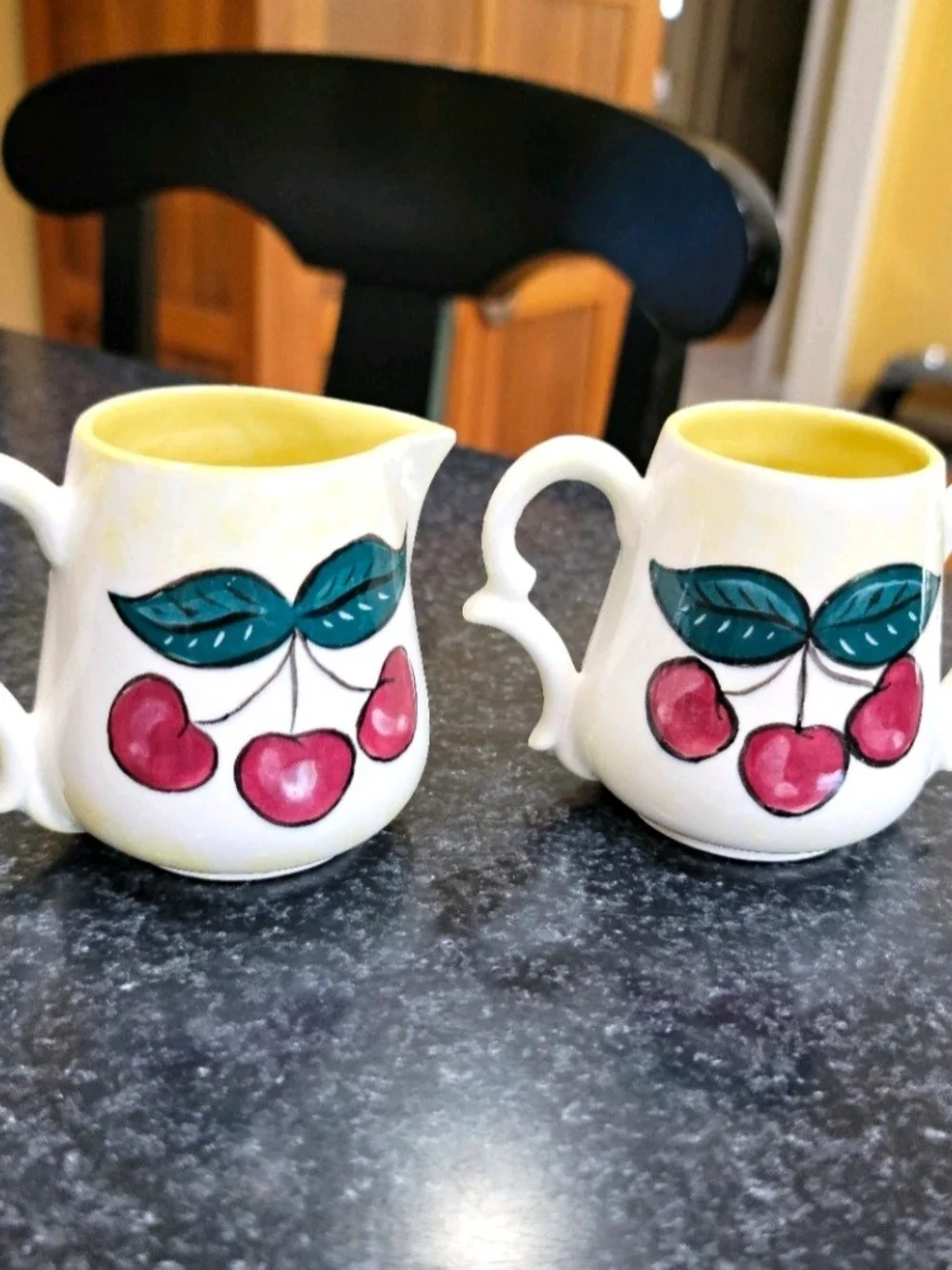 Vitage Cherry Pattern Ceramic Creamers Set of 2 w/ Handles & Spout, Japan, 3 oz